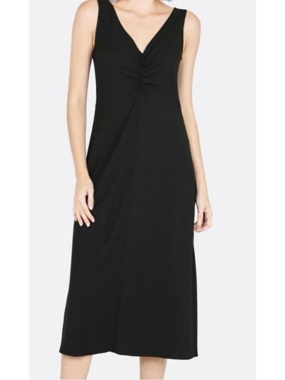 Vince Black Sleeveless V-Neck Midi Slip Dress Size L Rayon Blend Ruched Bust